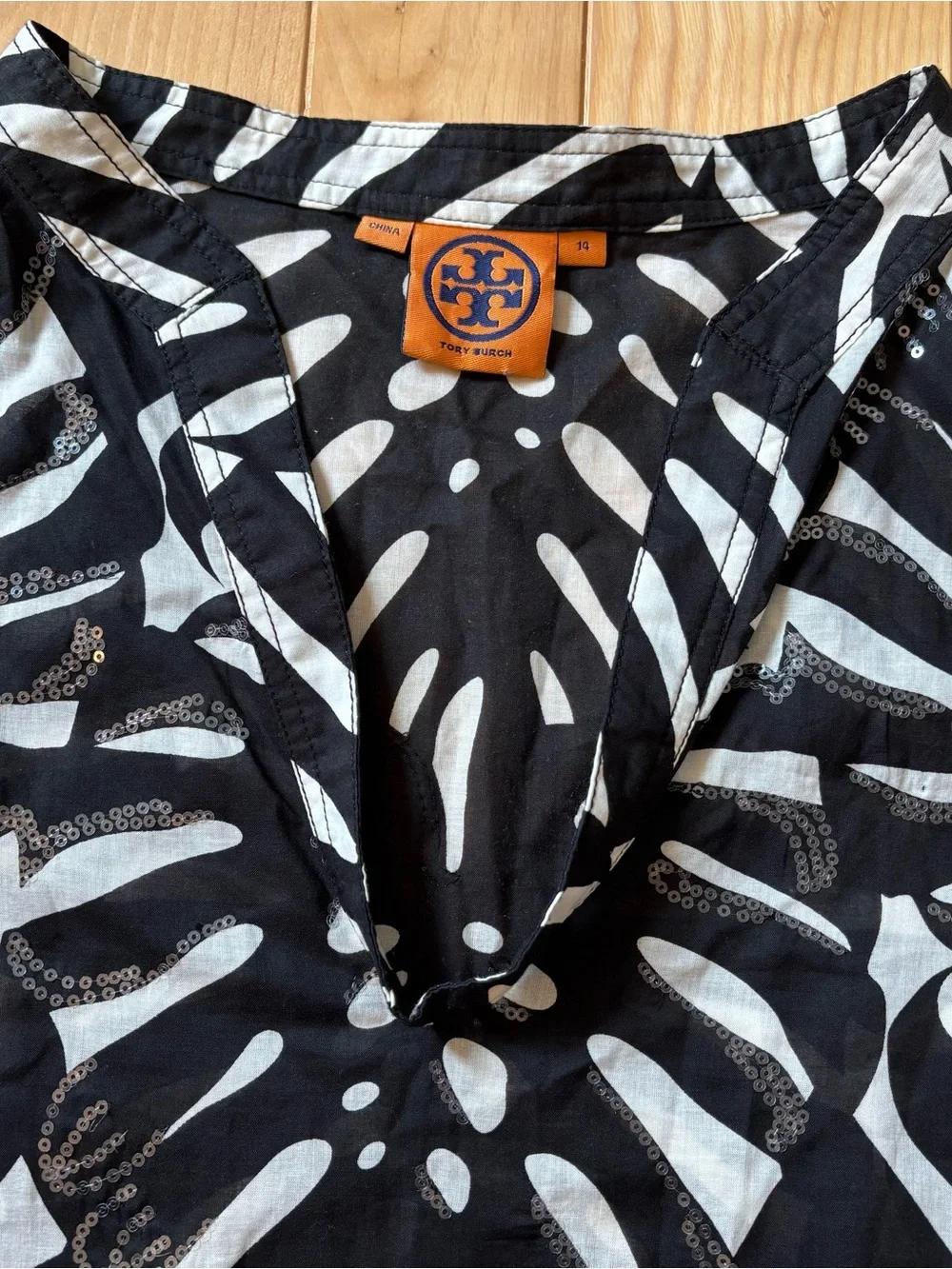 Tory Burch Black White Patterned Sequin Embellished Cotton Swim Coverup